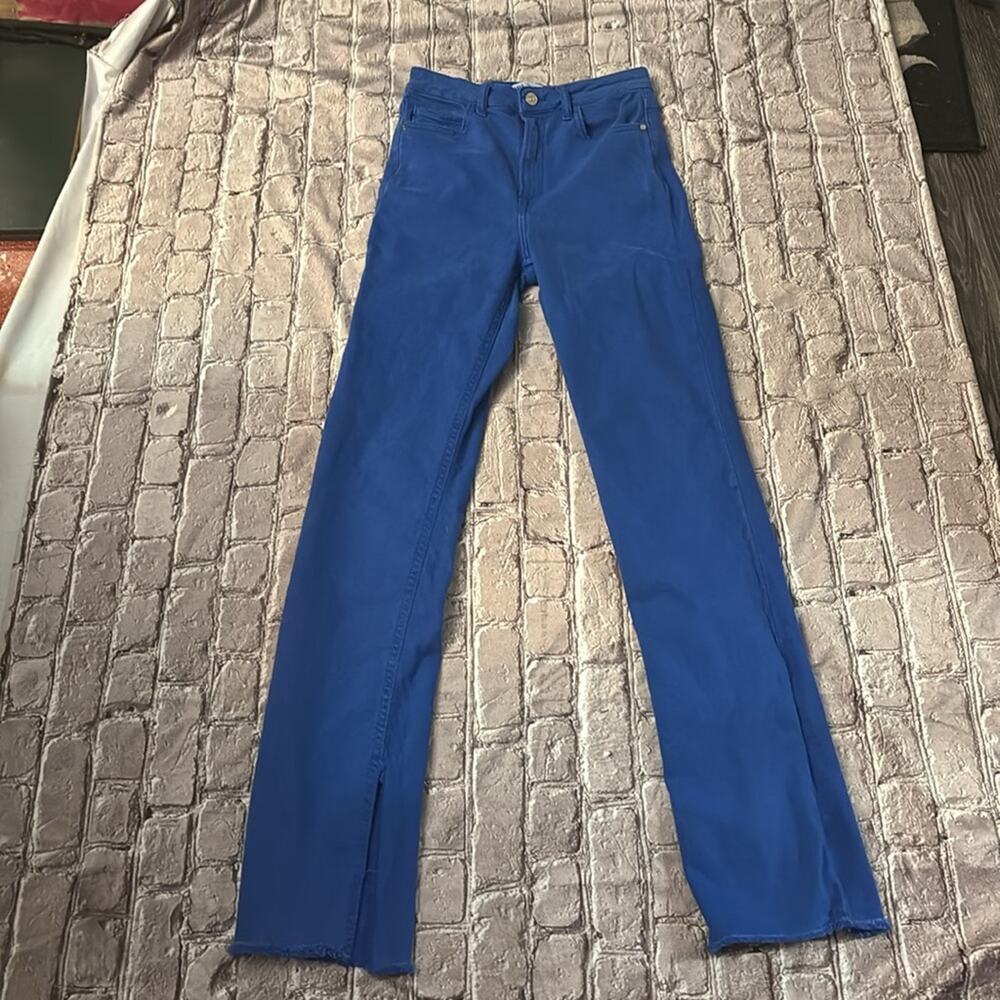 ZARA Straight Leg Jeans 2 High Rise Hem Slit Frayed Cobalt Blue Denim Casual